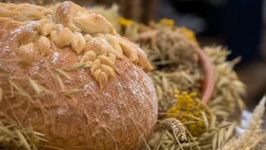 Wieńce i chleb na pierwszym planie. Dożynki w gminie Chęciny