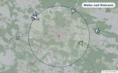 Mapa okolic miasta z sylwetkami samolotów — Niebo nad Kielcami na żywo