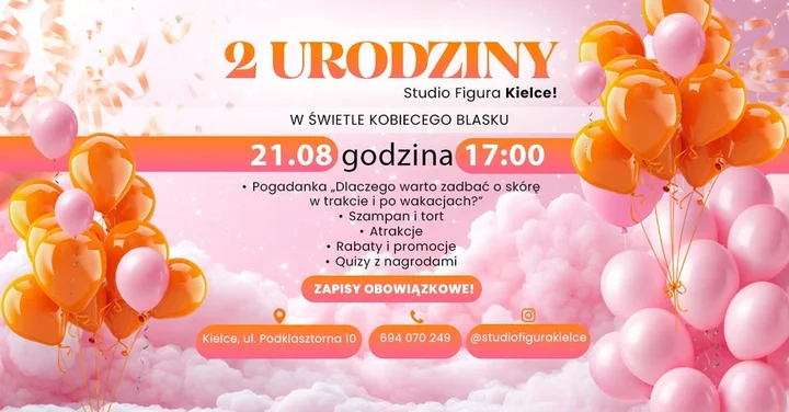 Obrazek przedstawia grafikę promocyjną wydarzenia Obchody drugich urodzin studia modelowania sylwetki w Kielcach