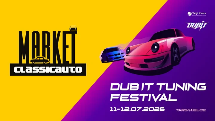 Grafika promocyjna wydarzenia Classicauto Market na Dub It Tuning Festival w Kielcach — giełda klasyków, 11–12 lipca 2026