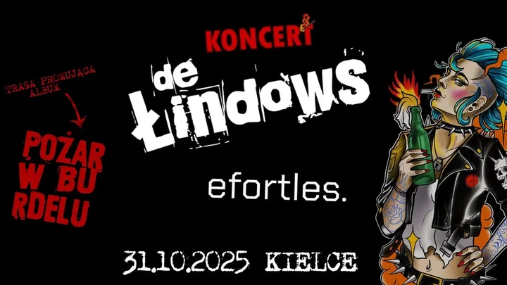 Obrazek przedstawia grafikę promocyjną wydarzenia Koncert De Łindows i Efortes w Pubie Chicago w Kielcach