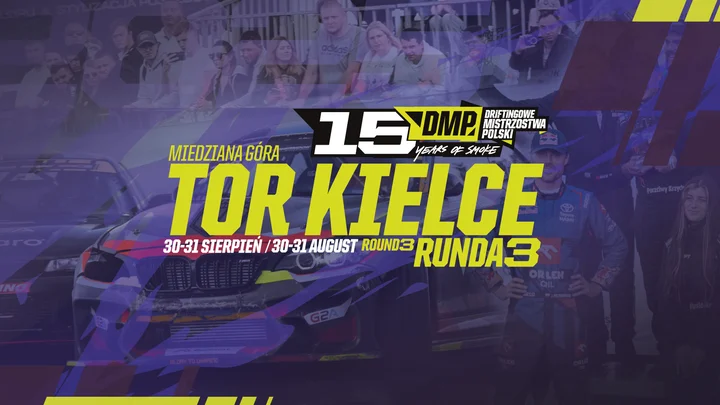 Obrazek przedstawia grafikę promocyjną wydarzenia Drifting na Torze Kielce — runda 3 Mistrzostw Polski 2025