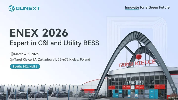 Grafika promocyjna wydarzenia Dunext na ENEX 2026 — prezentacja systemów magazynowania energii