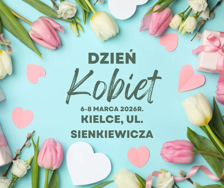Grafika promocyjna wydarzenia Jarmark Kobiecy na Dzień Kobiet — Kielce, ul. Sienkiewicza (6–8 marca 2026)