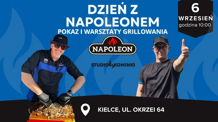 Obrazek przedstawia grafikę promocyjną wydarzenia Pokazy i szkolenia grillowe z Napoleonem w Kielcach