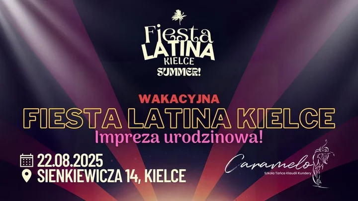 Obrazek przedstawia grafikę promocyjną wydarzenia Letnia Fiesta Latina w Caramelo – bachata i salsa w Kielcach