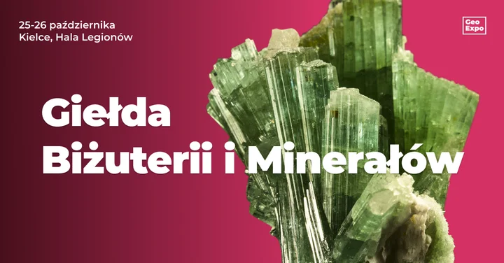 Obrazek przedstawia grafikę promocyjną wydarzenia Giełda biżuterii, minerałów i skamieniałości w Hali Legionów w Kielcach