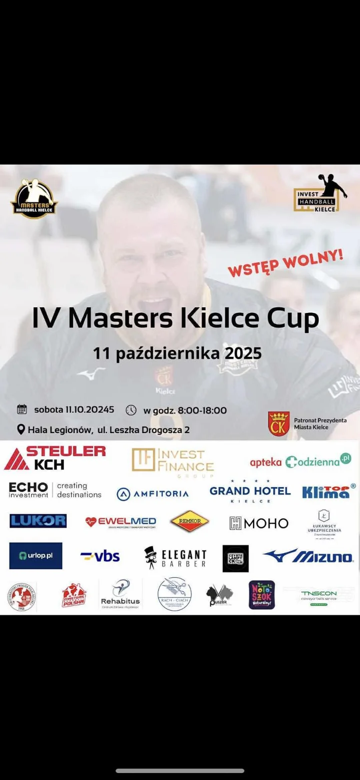 Obrazek przedstawia grafikę promocyjną wydarzenia Turniej Masters w Kielcach — rozgrywki w Hali Legionów