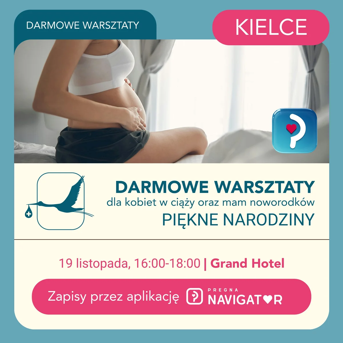 Grafika promocyjna wydarzenia Piękne Narodziny – warsztaty w Kielcach