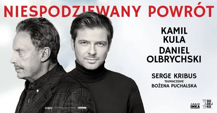 Obrazek przedstawia grafikę promocyjną wydarzenia Teatr: „Niespodziewany powrót” z Danielem Olbrychskim i Kamilem Kula