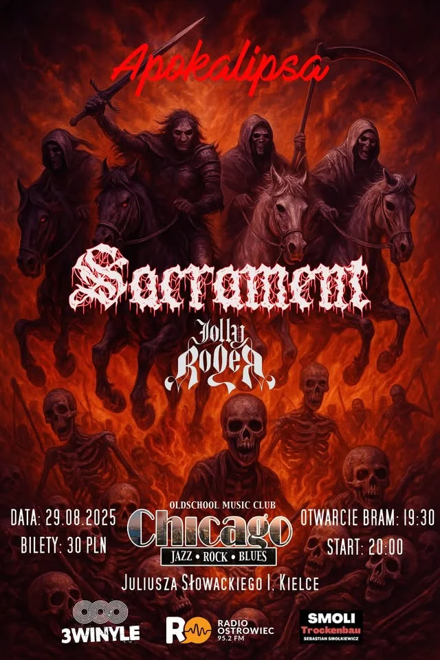 Obrazek przedstawia grafikę promocyjną wydarzenia Koncert rockowy w klubie Chicago Kielce z zespołami Sacrament i Jolly Roger