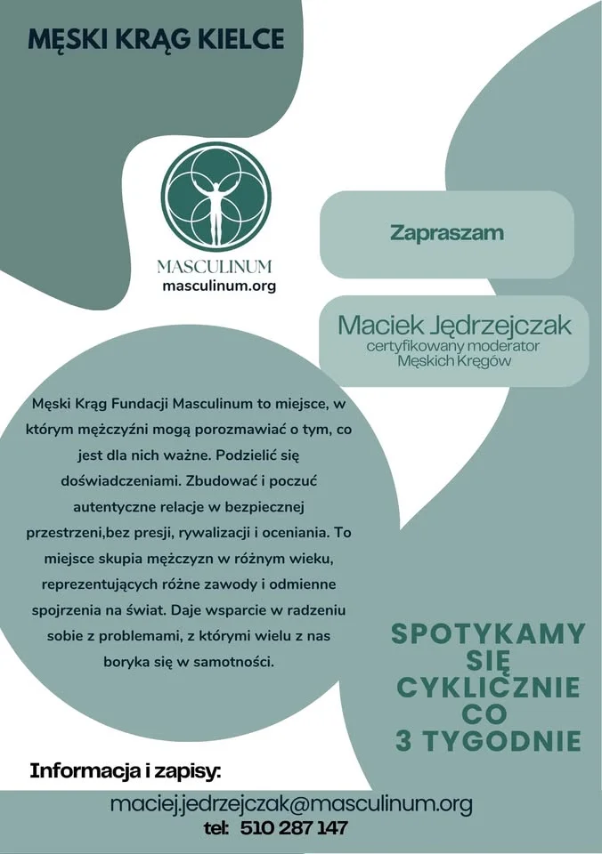 Grafika promocyjna wydarzenia Męski Krąg Masculinum Kielce — stała grupa rozmów dla mężczyzn