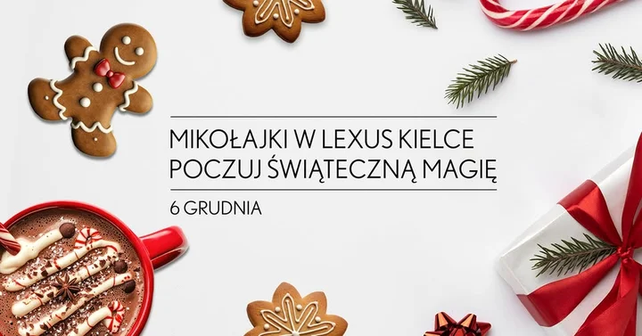 Grafika promocyjna wydarzenia Mikołajki w Lexus Kielce — świąteczny poranek z gorącą czekoladą i okazjami