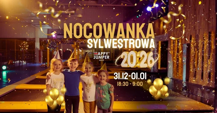Grafika promocyjna wydarzenia Nocowanka Sylwestrowa w Happy Jumper Kielce — noc pełna skoków i neonów