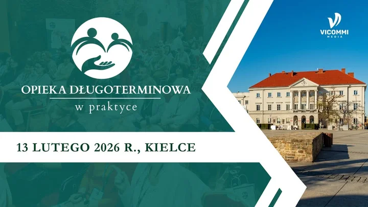 Grafika promocyjna wydarzenia Opieka Długoterminowa w Praktyce — konferencja w Kielcach