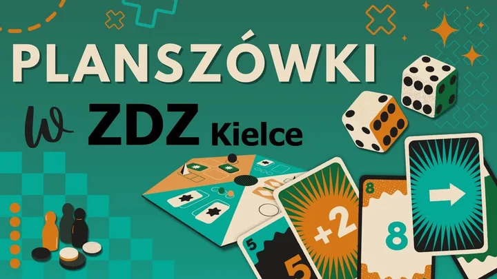 Grafika promocyjna wydarzenia Planszówki w ZDZ Kielce — cotygodniowe spotkania gier planszowych