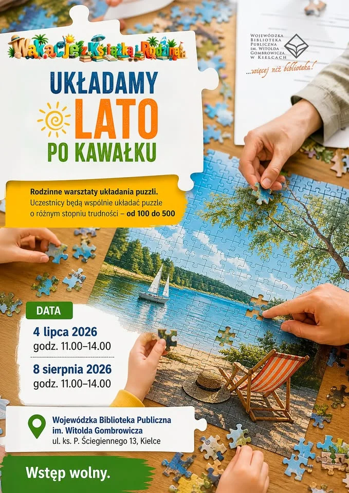 Grafika promocyjna wydarzenia Rodzinne warsztaty układania puzzli – wakacyjna zabawa