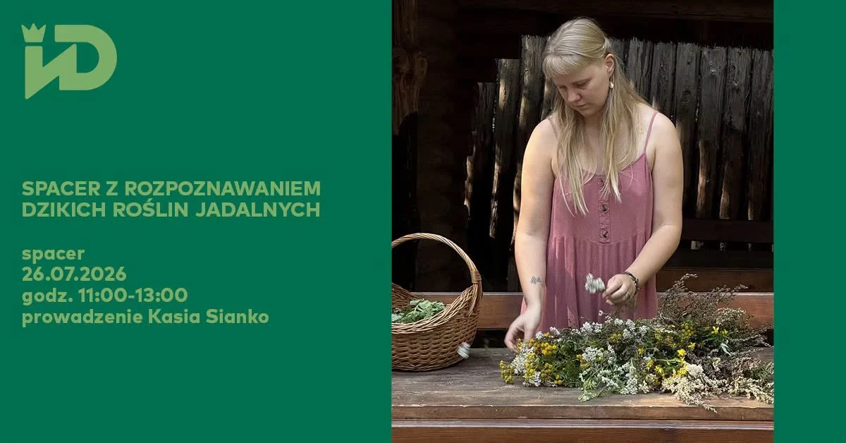 Grafika promocyjna wydarzenia Spacer z rozpoznawaniem dzikich roślin jadalnych – praktyczne warsztaty