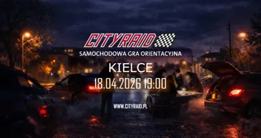 Grafika promocyjna wydarzenia CITYRAID Kielce: samochodowa gra orientacyjna z zadaniami i nagrodami