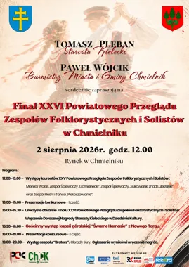 Grafika promocyjna wydarzenia Finał XXVI Powiatowego Przeglądu Zespołów Folklorystycznych i Solistów w Chmielniku