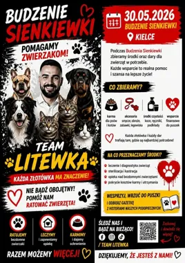 Grafika promocyjna wydarzenia Kielce pomagają zwierzętom – kiermasz i zbiórka na Placu Artystów