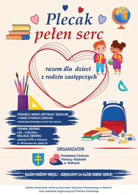 Grafika promocyjna wydarzenia Plecak Pełen Serc – razem dla dzieci z rodzin zastępczych
