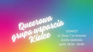 Grafika promocyjna wydarzenia Queerowa Grupa Wsparcia – Kielce. Spotkania dla osób LGBTQIAP+ w ODWET