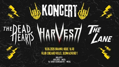 Grafika promocyjna wydarzenia The Dead Hearts, The Lane i Harvest w Chicago Kielce — wieczór ciężkich brzmień