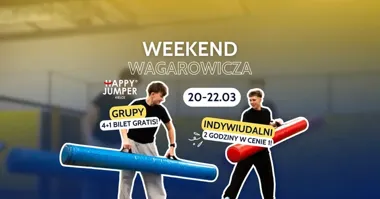 Grafika promocyjna wydarzenia WEEKEND WAGAROWICZA w Happy Jumper Kielce — skoki, promocje i koło fortuny (20–22 marca)