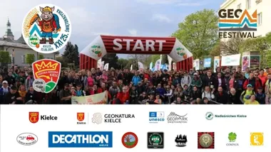 Grafika promocyjna wydarzenia XXI PIESZA 25.ŚWIĘTOKRZYSKA – GEOfestiwal Kielce. Trasa 27 km przez serce Gór Świętokrzyskich