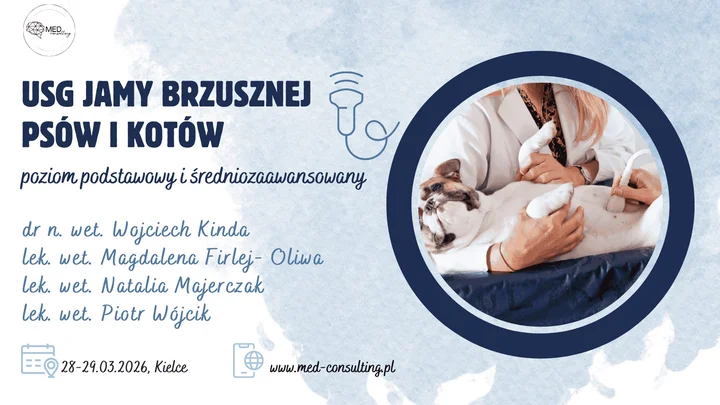 Grafika promocyjna wydarzenia USG jamy brzusznej psów i kotów — poziom podstawowy i średniozaawansowany