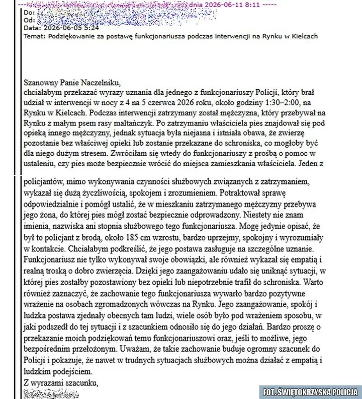 Nocna interwencja w Kielcach - policjanci nie zostawili psa samego