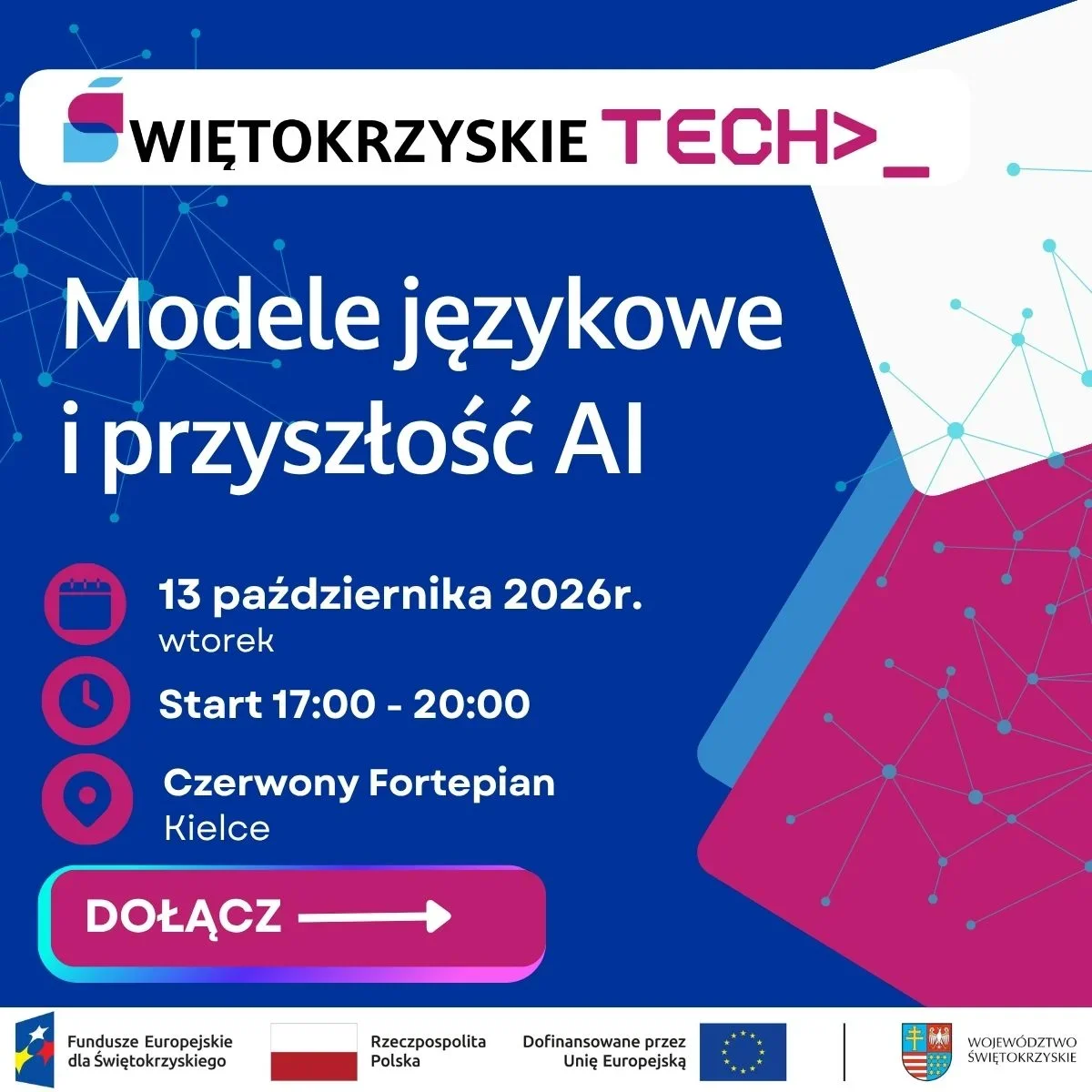 Plakat promujący wydarzenie Świętokrzyskie Tech pod hasłem „Modele językowe i przyszłość AI”, które odbędzie się 13 października 2026 roku w Kielcach w Czerwony