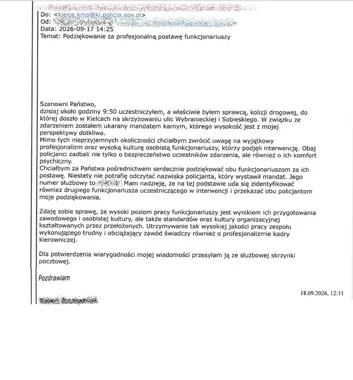 Wydrukowany e-mail w języku polskim z podziękowaniem dla policjantów za profesjonalną postawę podczas interwencji drogowej w Kielcach.