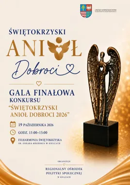 Plakat promujący galę finałową konkursu „Świętokrzyski Anioł Dobroci 2026” w Filharmonii Świętokrzyskiej w Kielcach.