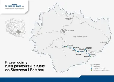 Mapa województwa świętokrzyskiego przedstawia planowaną linię kolejową z Kielc przez Staszów do Połańca z zaznaczonymi stacjami i przystankami.