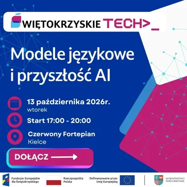 Plakat promujący wydarzenie Świętokrzyskie Tech pod hasłem „Modele językowe i przyszłość AI”, które odbędzie się 13 października 2026 roku w Kielcach w Czerwony