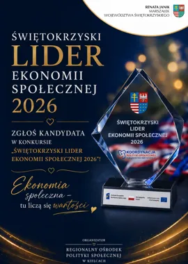 Plakat promujący konkurs „Świętokrzyski Lider Ekonomii Społecznej 2026” ze zdjęciem szklanej nagrody.