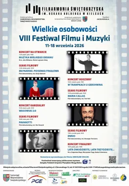 Plakat zapowiadający VIII Festiwal Filmu i Muzyki „Wielkie osobowości” w Filharmonii Świętokrzyskiej w Kielcach we wrześniu 2026 roku.