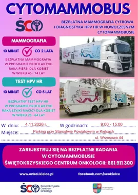 Mammografia i test HPV HR bez opłat. Dwa badania w cytomammobusie w Kielcach